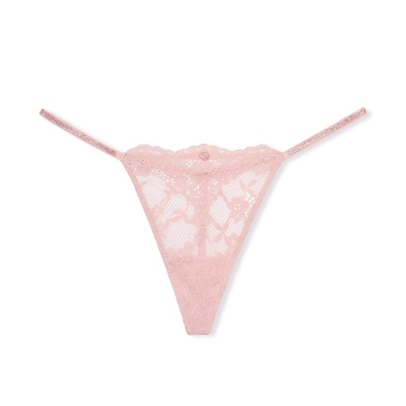 Victoria's Secret Twinkle Strap Lace V-String Panty Chalk Rose Medium NEW - Picture 6 of 7